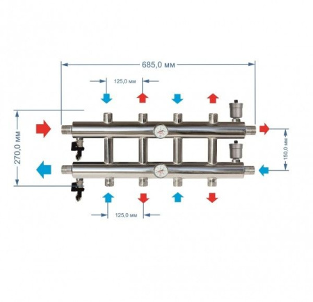 Распределительный коллектор Прокситерм 60 кВт 5 контуров НР 1" 125 мм