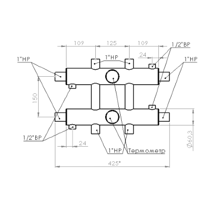 Распределительный коллектор Прокситерм 60 кВт 3 контура НР 1" 125 мм