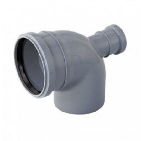 Отвод канализационный полипропилен 110 мм 90˚ с выходом 50 фронтальный (тыл) Россия