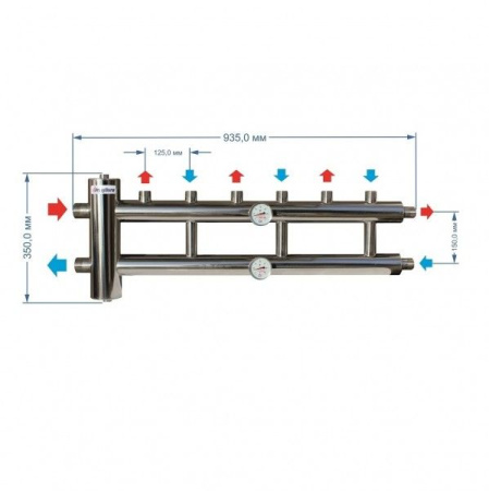 Коллектор с гидрострелкой распределительный Прокситерм 60 кВт 3+1 контура НР 1" Коллектор с гидрострелкой распределительный Прокситерм 60 кВт 3+1 контура НР 1"