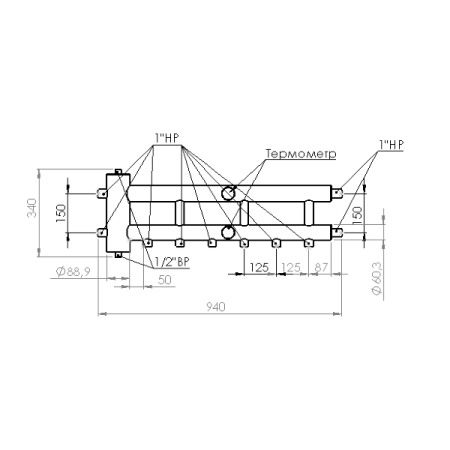 Коллектор с гидрострелкой распределительный Прокситерм 130 кВт 3+1 контура НР 1 1/2"