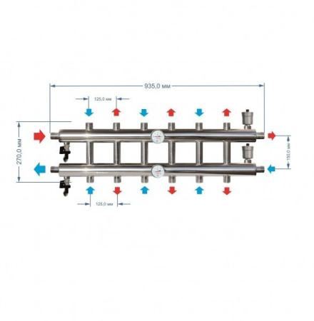 Распределительный коллектор Прокситерм 85 кВт 7 контуров НР 1 1/4" 125 мм