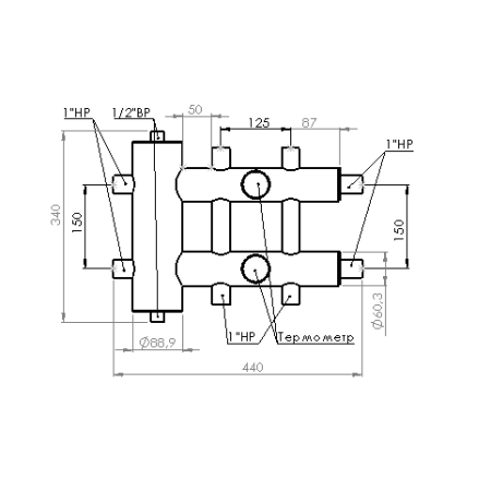 Коллектор с гидрострелкой распределительный Прокситерм 85 кВт 3 контура НР 1 1/4"