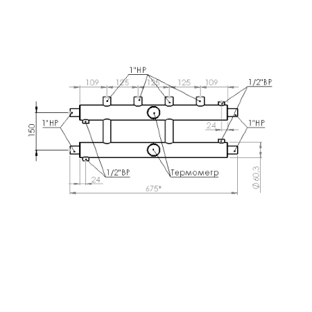 Распределительный коллектор Прокситерм 60 кВт 2+1 контура НР 1" 125 мм