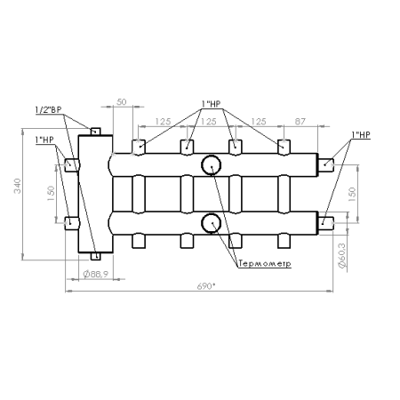Коллектор с гидрострелкой распределительный Прокситерм 60 кВт 5 контуров НР 1"