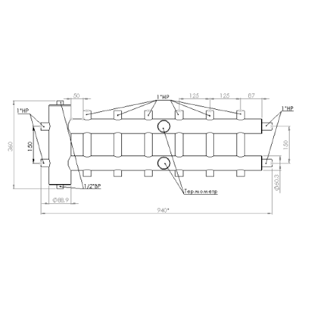 Коллектор с гидрострелкой распределительный Прокситерм 85 кВт 7+1 контуров НР 1 1/4"
