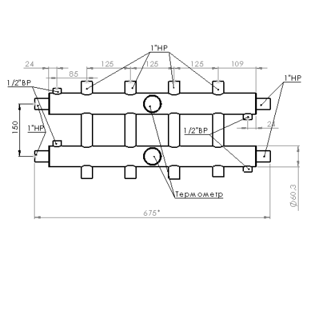 Распределительный коллектор Прокситерм 60 кВт 5 контуров НР 1" 125 мм